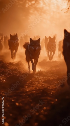 A pack of wolves running through a misty landscape at sunset, creating a dramatic scene.