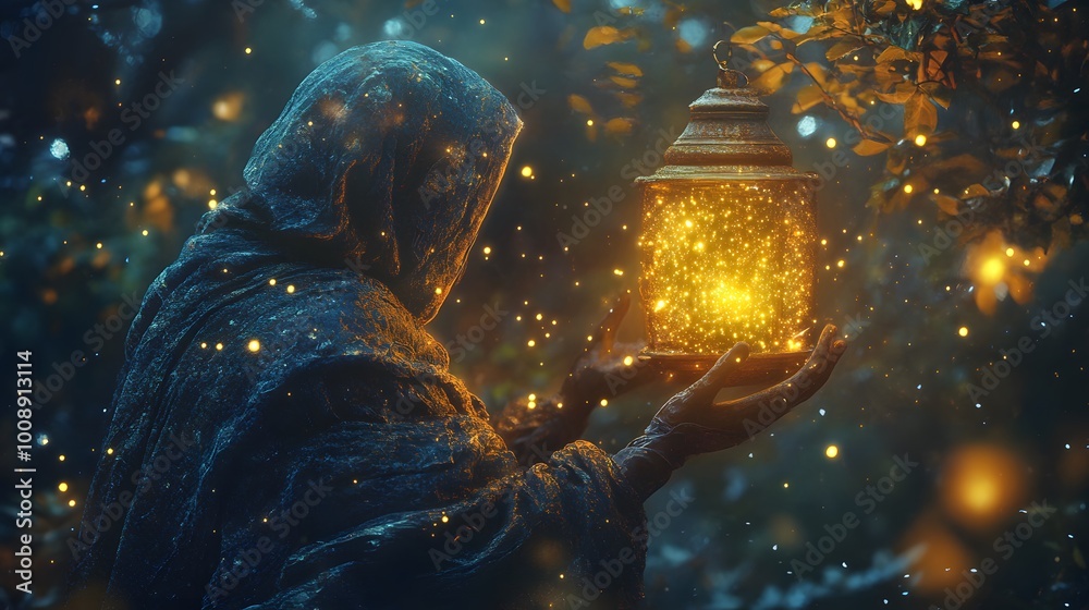 A person holding a glowing lantern in a mystical forest. A person holding a glowing lantern in a mystical forest.