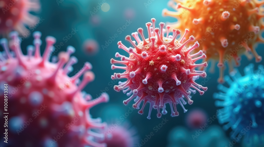 illustration of microscopic viruses with a spherical shape and spikes floating in a cellular environment. The image reflects themes of biology, virology and microbiology, illustration of microscopic viruses with a spherical shape and spikes floating in a cellular environment. The image reflects themes of biology, virology and microbiology,