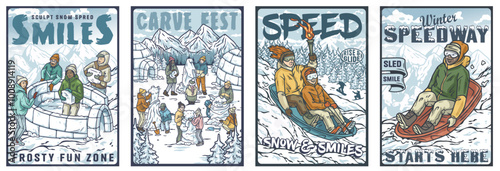 Set of four vintage posters with people sculpting an igloo, having fun in the snow, and enjoying a fast sled ride down a snowy mountain
