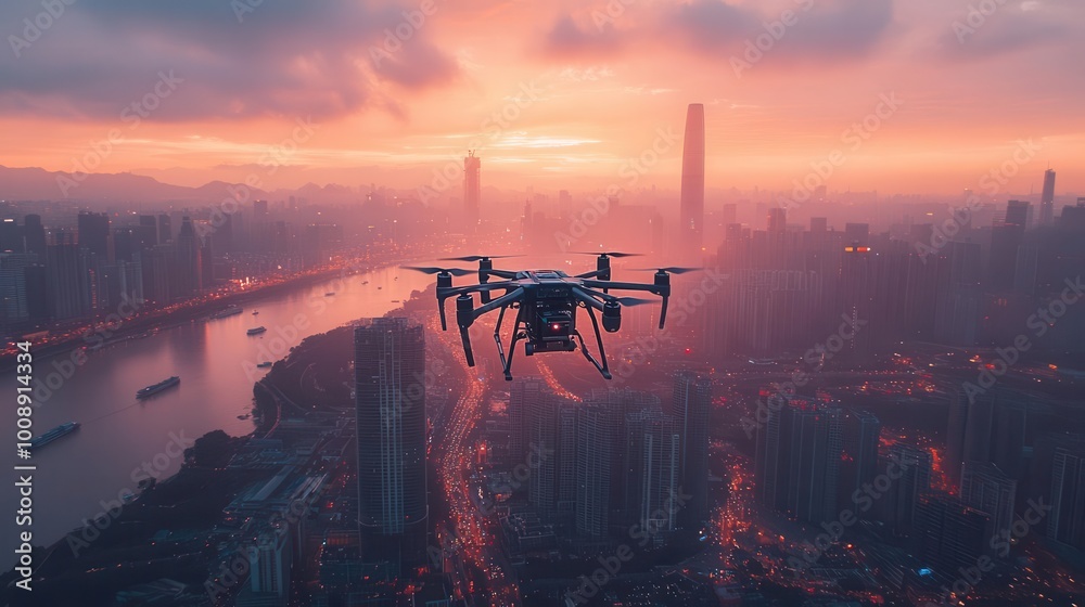 futuristic drone gliding smoothly over a modern cityscape capturing the innovation of urban transportation against towering skyscrapers and a vibrant skyline futuristic drone gliding smoothly over a modern cityscape capturing the innovation of urban transportation against towering skyscrapers and a vibrant skyline
