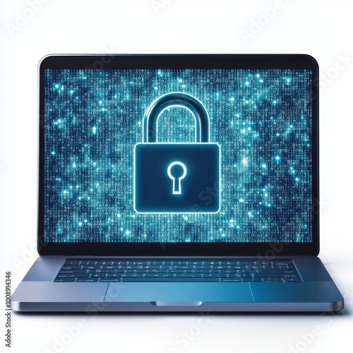 Laptop with digital lock symbol, white isolate background. Digital and Cyber Security Protection Concept.