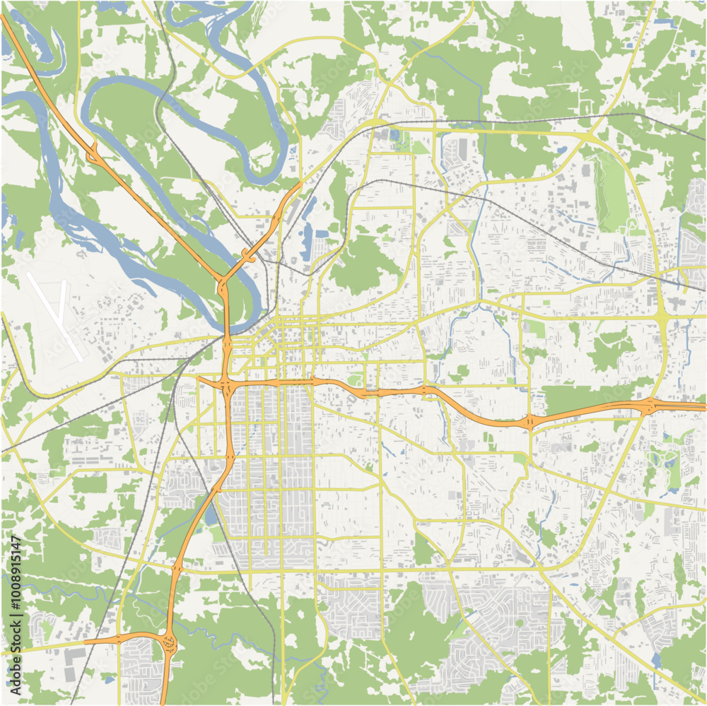 Map of Montgomery in Alabama in a normal road map style. Contains layered vector with roads water, parks, etc. Map of Montgomery in Alabama in a normal road map style. Contains layered vector with roads water, parks, etc.