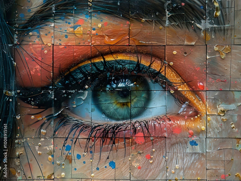 Intriguing Close-Up of a Woman's Eye in a Mosaic Art Intriguing Close-Up of a Woman's Eye in a Mosaic Art