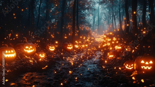 A spooky forest path illuminated by glowing jack-o'-lanterns and flickering lanterns.