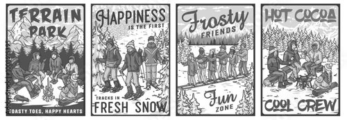 Four vibrant illustrations capturing the joy of winter activities with friends in a snowy landscape, skiing, snowshoeing, campfire, and hot cocoa