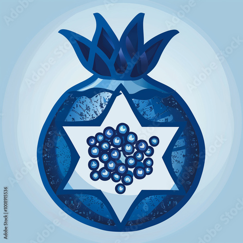 Detailed Sketch, Illustration, Festive Greeting Card for Rosh HaShanah and Sukkot. Blue Pomegranate and Star of David on White Background. photo