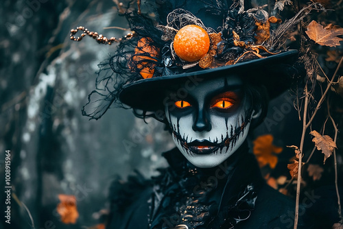 Man with Halloween jack-o-lantern mask with a hat.