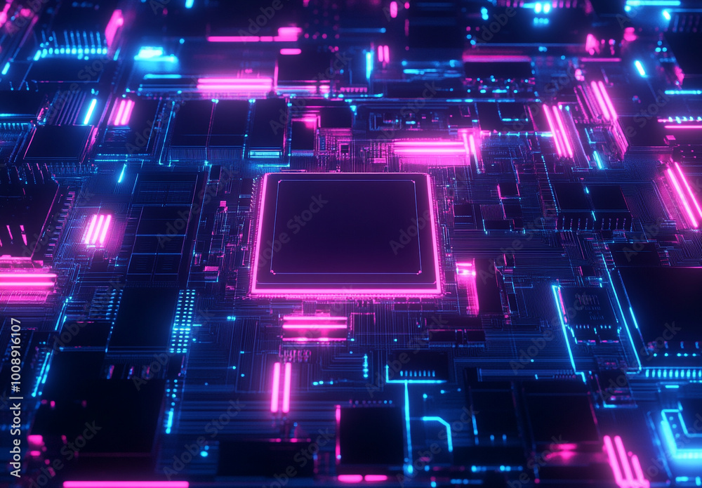 High-tech chip on a circuit board, with a background of futuristic dark blue and orange lighting effects.