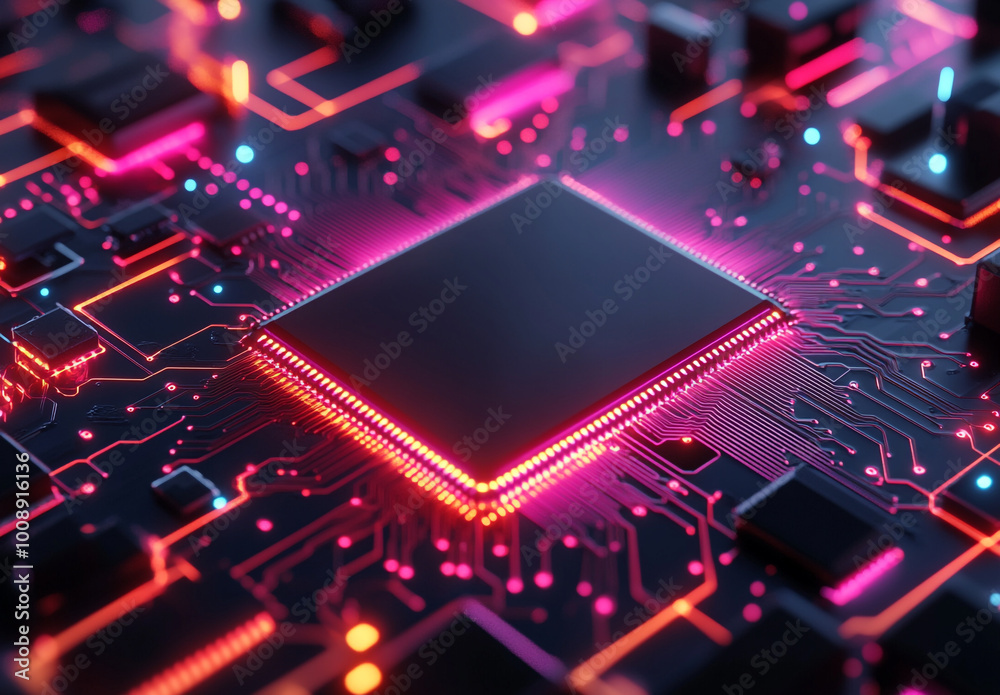 High-tech chip on a circuit board, with a background of futuristic dark blue and orange lighting effects. High-tech chip on a circuit board, with a background of futuristic dark blue and orange lighting effects.