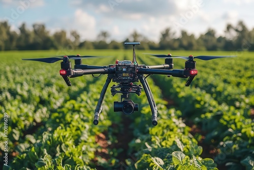 modern agrotech scene showcasing automation in farming with drones hovering over vast fields illustrating the blend of technology and agriculture for efficient production photo
