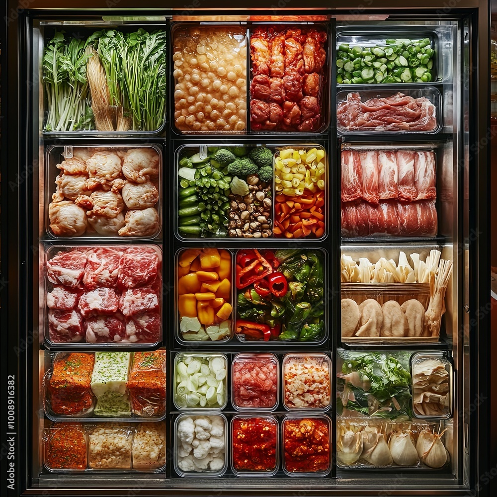 The refrigerated storage cabinet is filled with various vegetables and meats for freshness. Food in spicy hot pot shop in china. The refrigerated storage cabinet is filled with various vegetables and meats for freshness. Food in spicy hot pot shop in china.