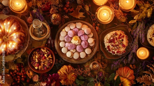 Luxurious Thanksgiving dessert table adorned with floral pastries and festive autumn decorations in warm candlelight