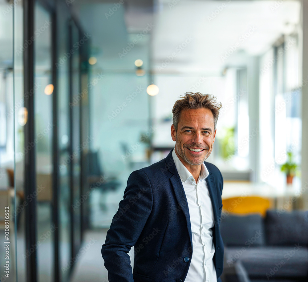 Smiling successful business man in his 40s standing casually inside a modern office Smiling successful business man in his 40s standing casually inside a modern office