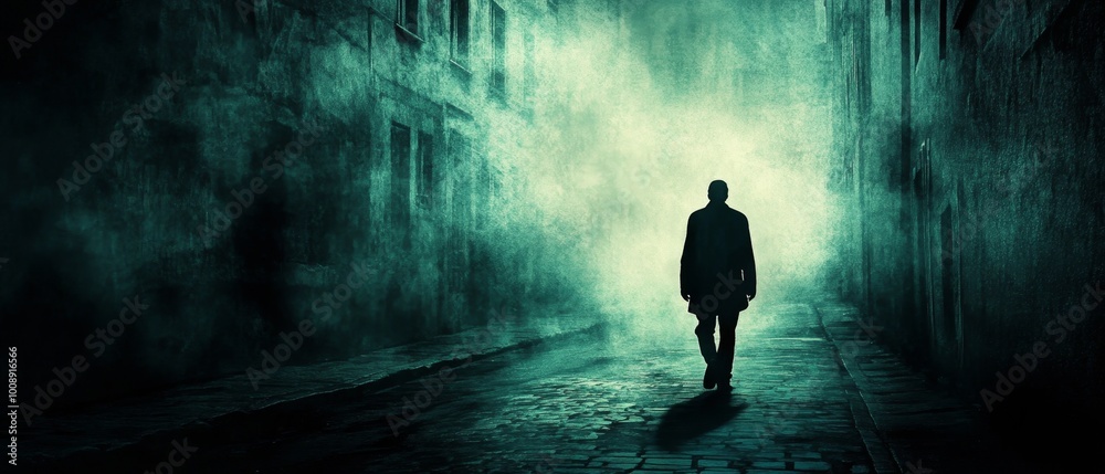 Mysterious Figure Walking in Dimly Lit Street Mysterious Figure Walking in Dimly Lit Street