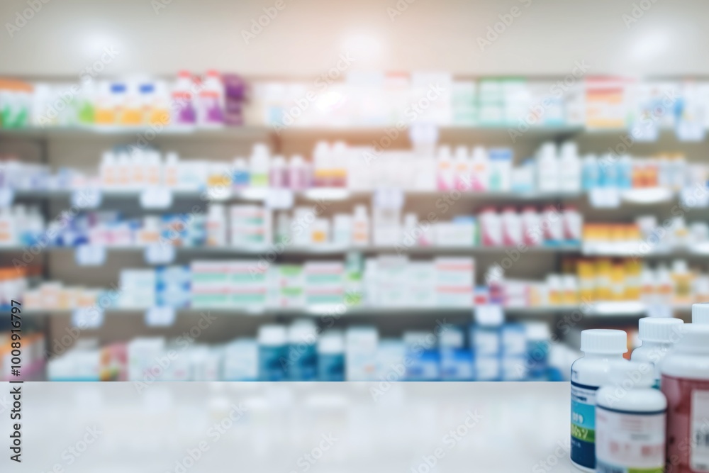 Pharmacist stands in modern pharmacy store with blurred background. Medicine and health care concept. White lab coat, medical gloves, and shelves with medicine containers. Vitamin and pill display. Pharmacist stands in modern pharmacy store with blurred background. Medicine and health care concept. White lab coat, medical gloves, and shelves with medicine containers. Vitamin and pill display.