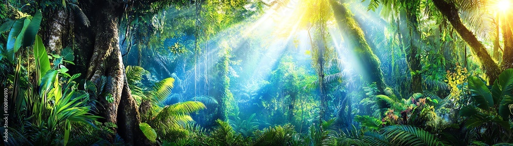 Fototapeta premium Sunlight streaming through lush rainforest trees, creating a serene and vibrant natural scene. Ideal for nature and tranquility themes.
