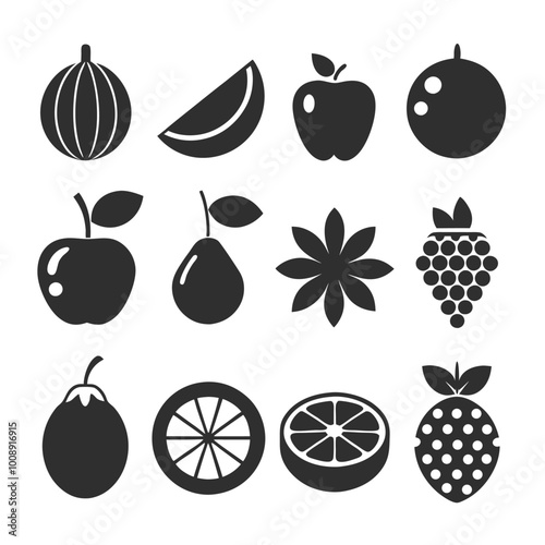  silhouette fruit vector icons set with bold shapes and smooth edges for modern design projects.
Silhouette fruit icon set in black vector style, ideal for logos, decorative elements, and graphics.