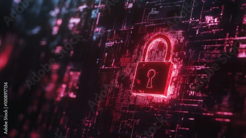 System hacked alert with a red broken padlock, surrounded by digital matrix codes. Cybersecurity breach concept, indicating internet security risks.