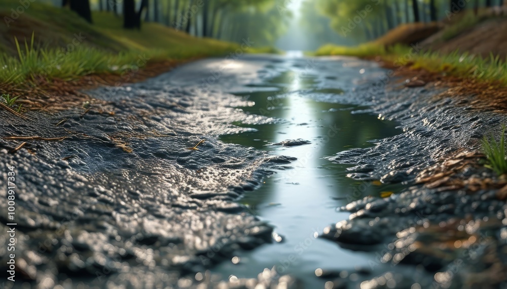 an earthen road trench is a groove with puddles of water left after rain and an earthen road trench is a groove with puddles of water left after rain and