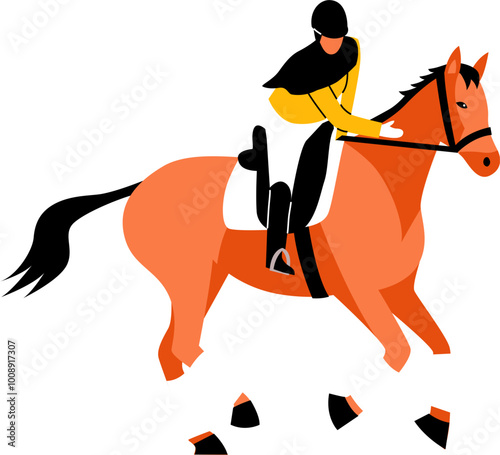 Person riding horse. Equestrian sport. Horsewoman with hijab riding horse. Professional equestrian competition, dressage performance. Jockey on horse. Champion. Horse riding. Equestrian sport.