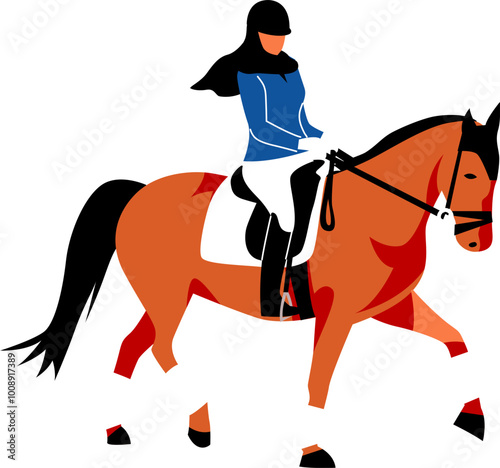 Person riding horse. Equestrian sport. Horsewoman with hijab riding horse. Professional equestrian competition, dressage performance. Jockey on horse. Champion. Horse riding. Equestrian sport.