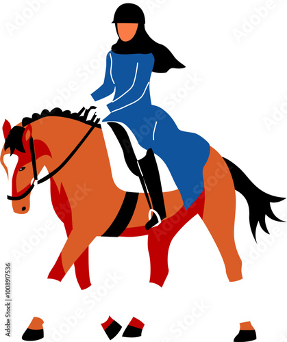 Person riding horse. Equestrian sport. Horsewoman with hijab riding horse. Professional equestrian competition, dressage performance. Jockey on horse. Champion. Horse riding. Equestrian sport.