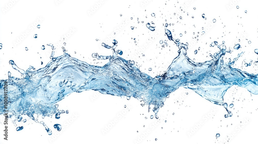 Detailed blue water splash frozen mid-air on a white background, emphasizing the beauty and movement of the water droplets Detailed blue water splash frozen mid-air on a white background, emphasizing the beauty and movement of the water droplets
