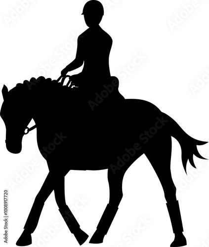 Silhouette of person riding horse. Equestrian sport. Training horseback ride. Professional equestrian competition, dressage performance. Jockey on horse. Champion. 