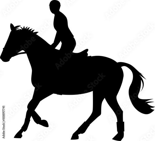 Silhouette of person riding horse. Equestrian sport. Training horseback ride. Professional equestrian competition, dressage performance. Jockey on horse. Champion. 