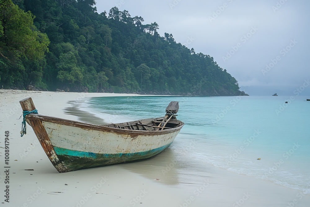 Serene Tropical Shore Rustic Wooden Boat on Tranquil Turquoise Water, Lush Island Paradise. Serene Tropical Shore Rustic Wooden Boat on Tranquil Turquoise Water, Lush Island Paradise.