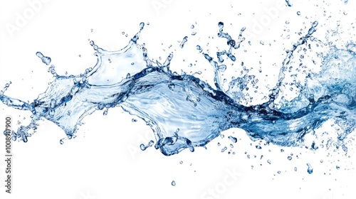 Detailed blue water splash frozen mid-air on a white background, emphasizing the beauty and movement of the water droplets