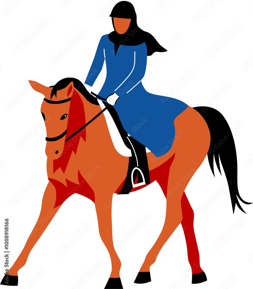 Obraz premium Person riding horse. Equestrian sport. Horsewoman with hijab riding horse. Professional equestrian competition, dressage performance. Jockey on horse. Champion. Horse riding. Equestrian sport.