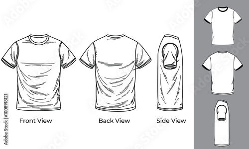 illustration of a T shirt .Hand drawn of a basic man t-shirt from three different views: front, back, and side isolate background. 