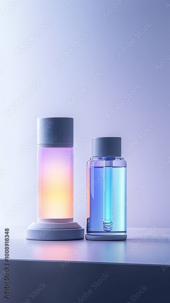 Colorful beverage bottles with vibrant lighting on a minimalist surface.
