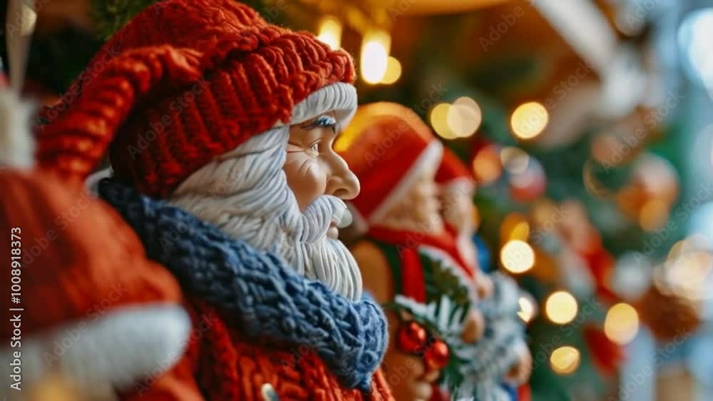 A festive display featuring detailed Santa figurines surrounded by warm holiday lights.