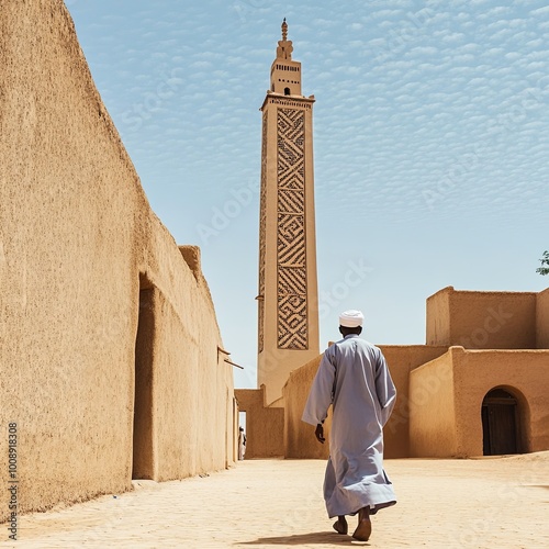 touareg man walking near minaret of the famous grand mosque of agadez in Niger Africa islam photo