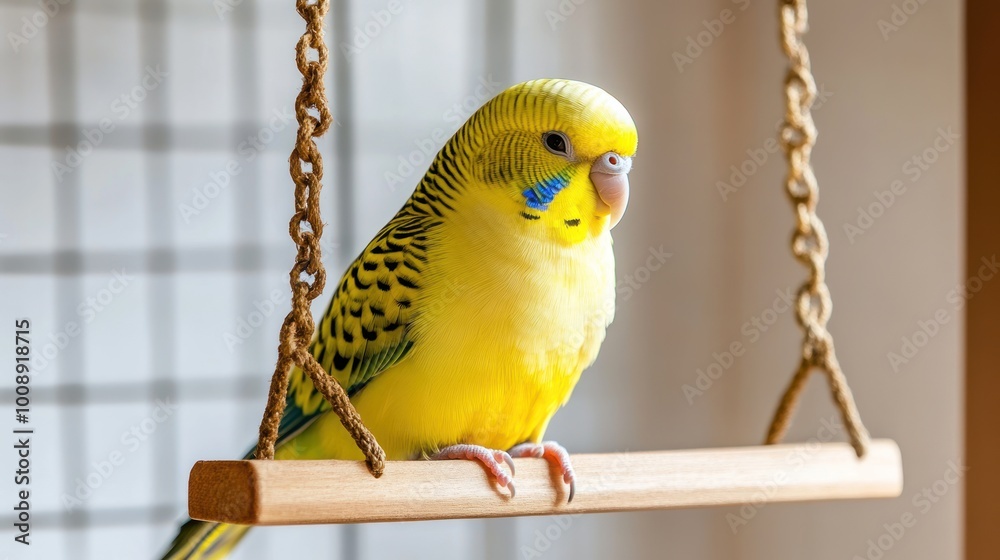 Fototapeta premium A vibrant budgerigar perched on a swing, showcasing its colorful feathers.