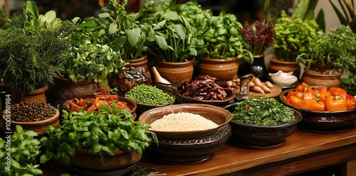 Assortment of fresh herbs, spices, and grains in bowls on wooden table.