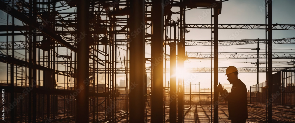 silhouette of a person in a construction building architecture bridge metal steel structure industry warehouse city stairs silhouette of a person in a construction building architecture bridge metal steel structure industry warehouse city stairs