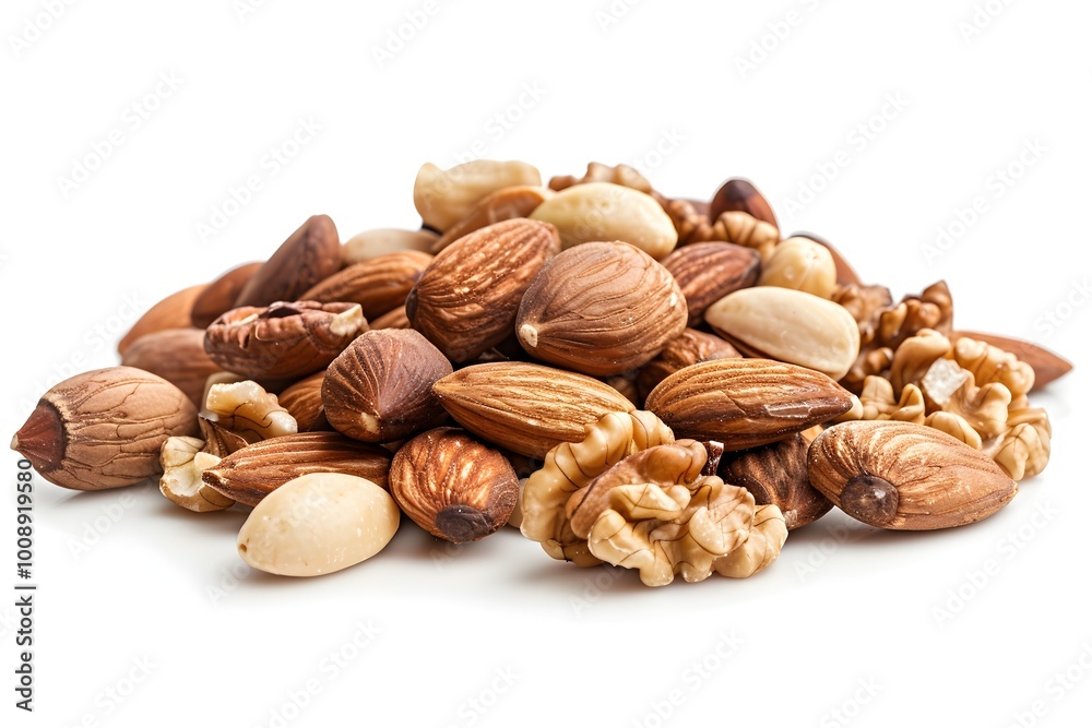 Assortment of Mixed Nuts Including Almonds Walnuts and Hazelnuts on White Background Assortment of Mixed Nuts Including Almonds Walnuts and Hazelnuts on White Background