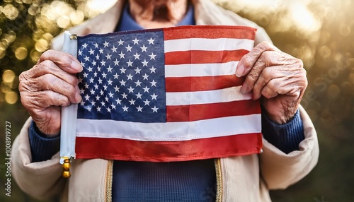Elderly senior citizen hands holding a small American flag with a shallow depth of field