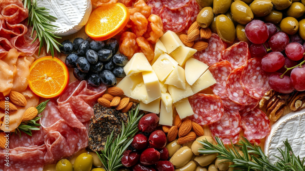 Close up of a charcuterie board, featuring a variety of cheeses, cured meats, olives, nuts, and fresh fruits Close up of a charcuterie board, featuring a variety of cheeses, cured meats, olives, nuts, and fresh fruits