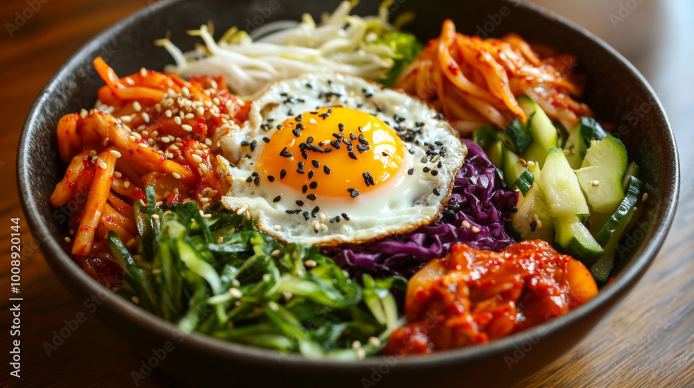 Bowl of Bibimbap, korean food, with fried egg, vegetables and spicy kimchi 