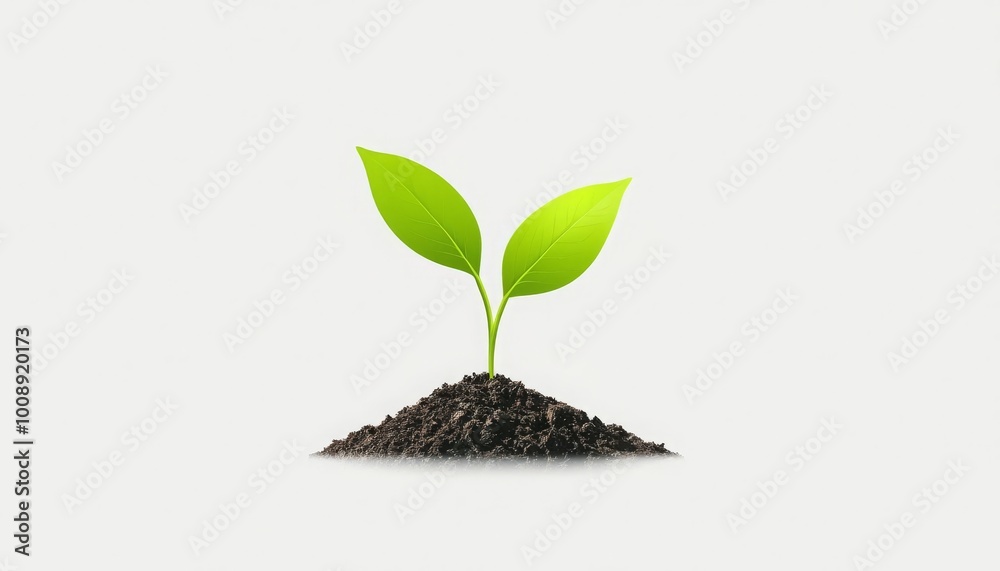 Young plant with green leaves growing from soil, white background Young plant with green leaves growing from soil, white background