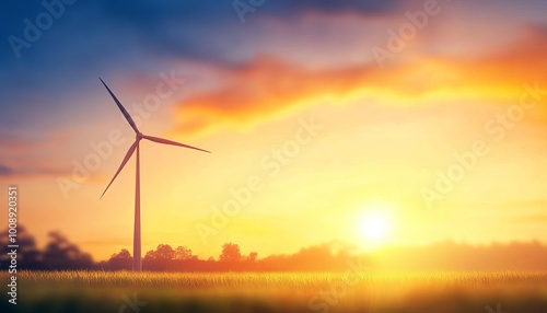 Wind turbine against sunset, nature and renewable energy