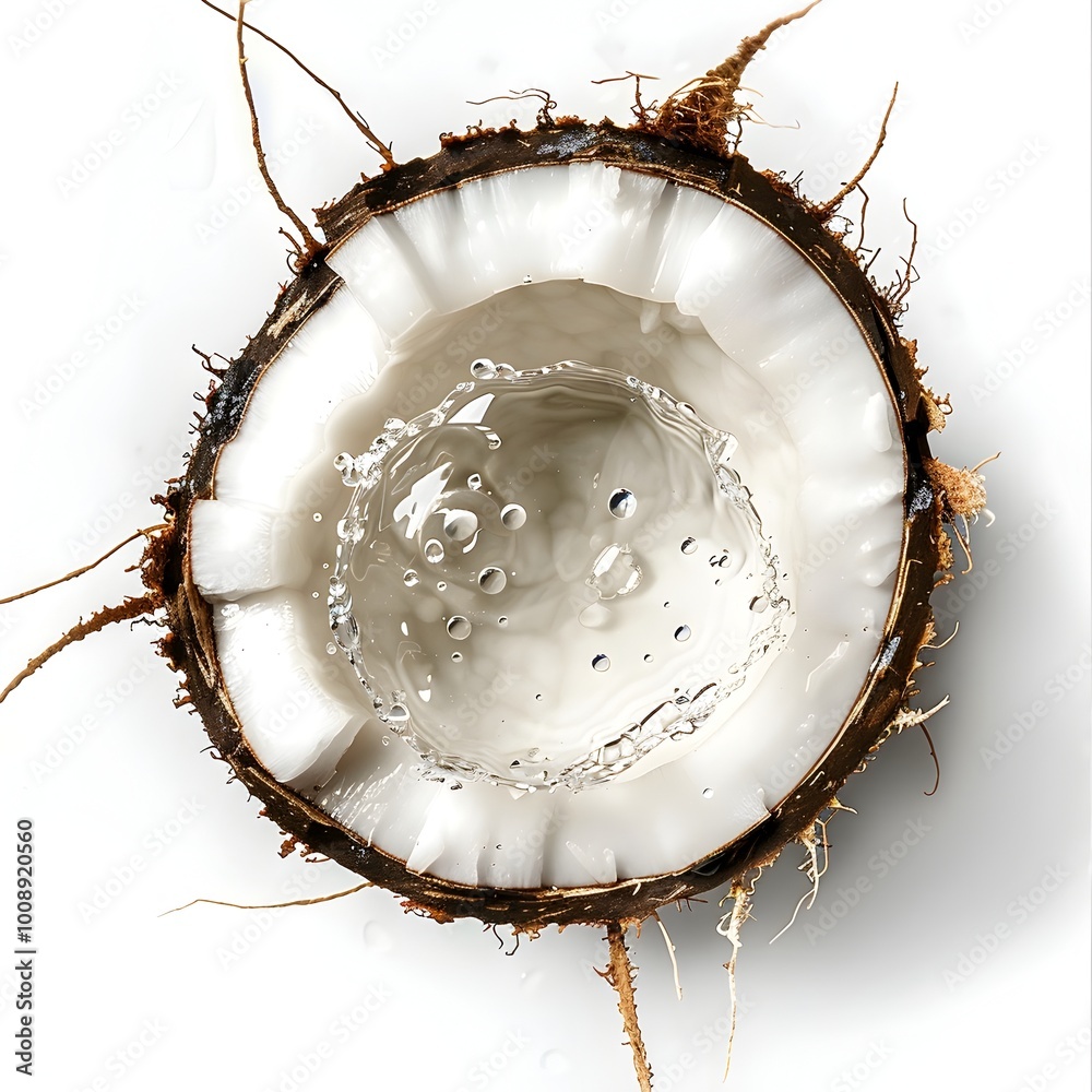 Detailed Texture of Fresh Coconut Half with Droplets on White Background Detailed Texture of Fresh Coconut Half with Droplets on White Background