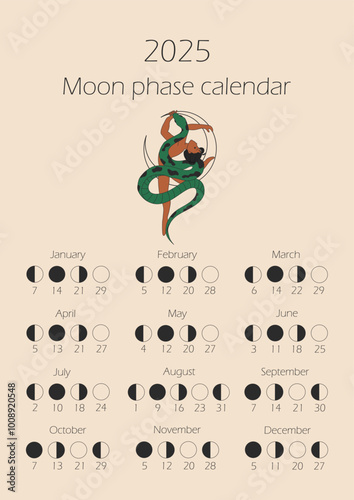 Moon phases calendar 2025 with woman with a snake wrapped around her body. Waning gibbous, Waxing crescent, New moon, Full moon with dates.