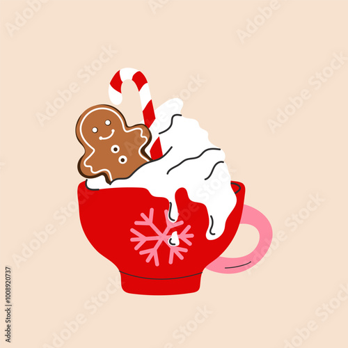 A cute holiday mug with a flat cartoon style, featuring a Christmas hot drink