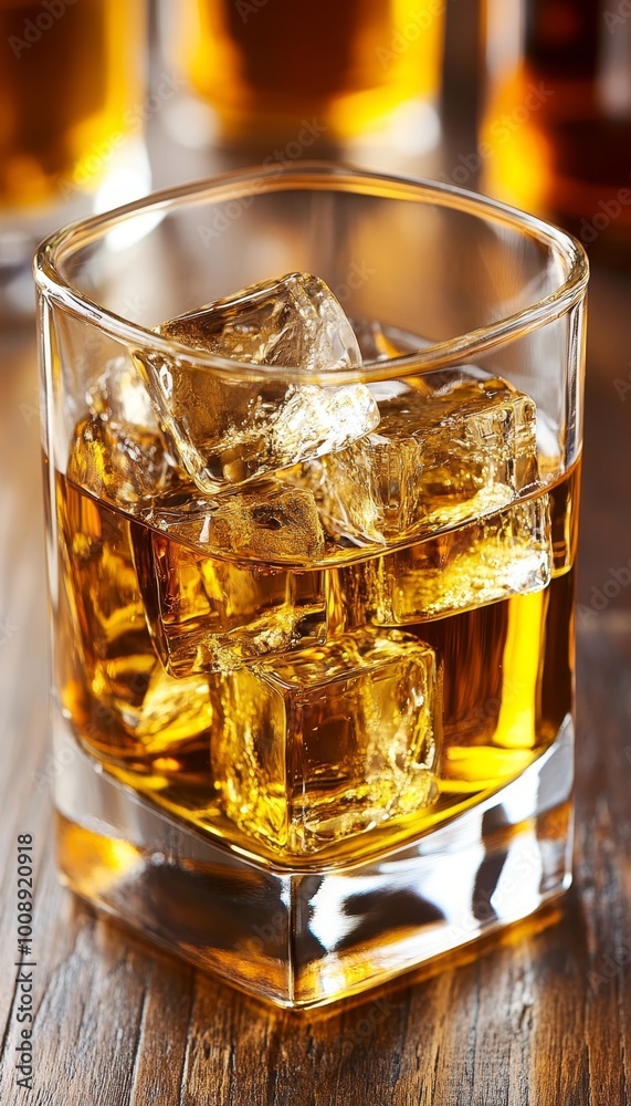 Glass of Golden Whiskey with Ice Cubes on Rustic Wooden Table Close-Up, Atmospheric Still Life Glass of Golden Whiskey with Ice Cubes on Rustic Wooden Table Close-Up, Atmospheric Still Life